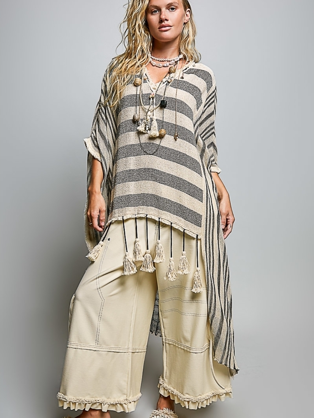 NEW!!! POL Striped Tassel Poncho Top in Beige and Charcoal, NWT